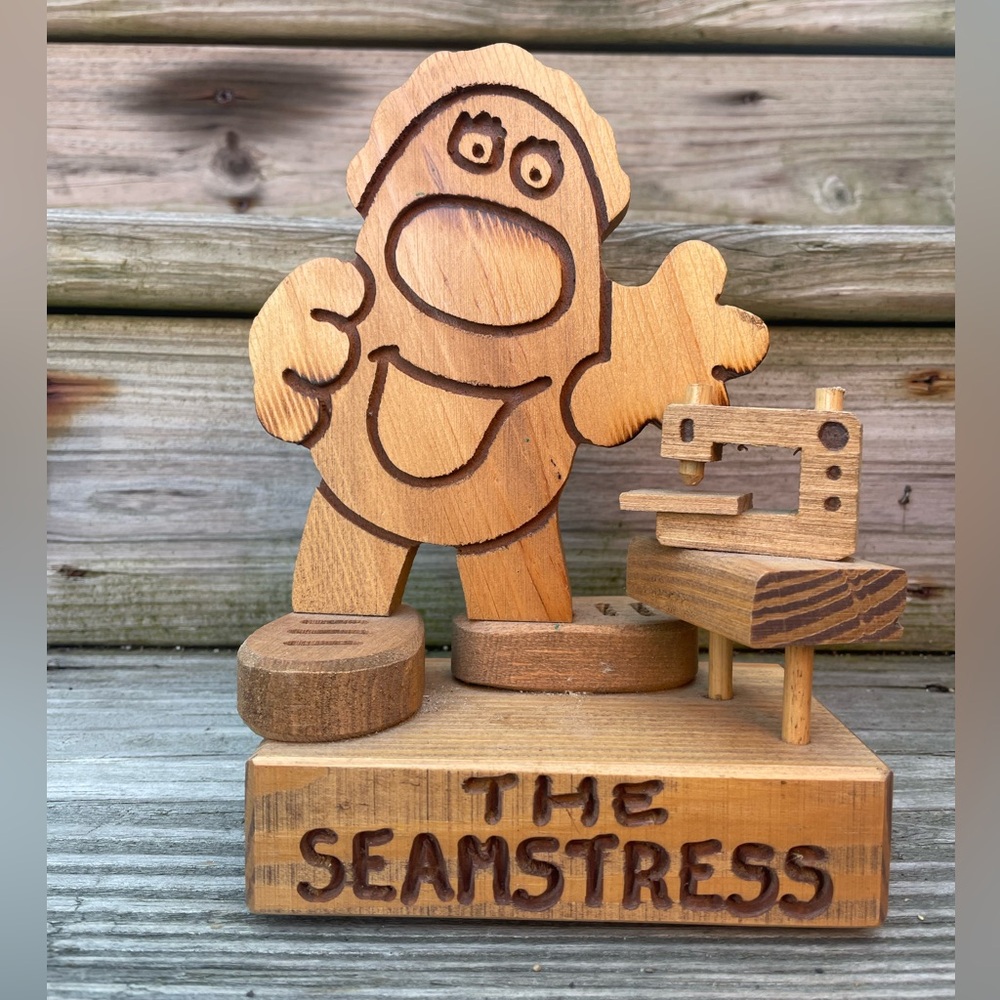 DON MARS, “the seamstress” wood carving, 80s MCM